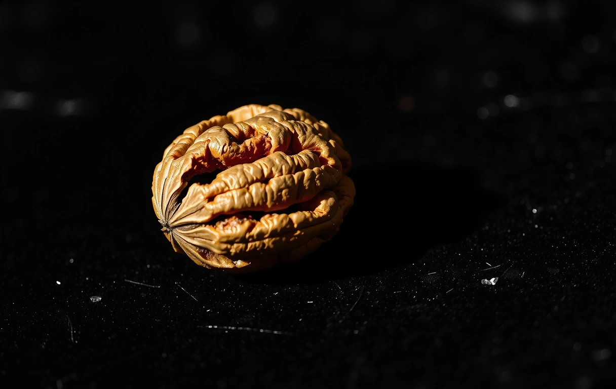 The textured surface of a walnut shell