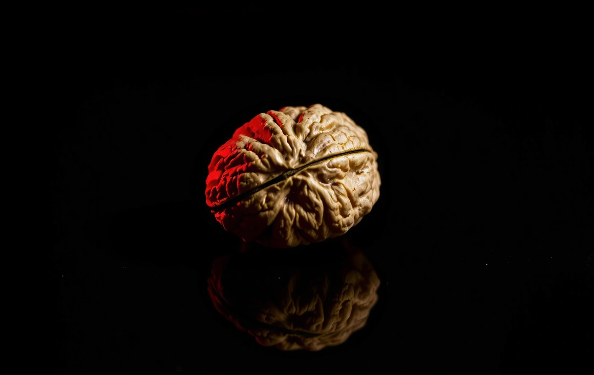 A single walnut shell in dramatic lighting