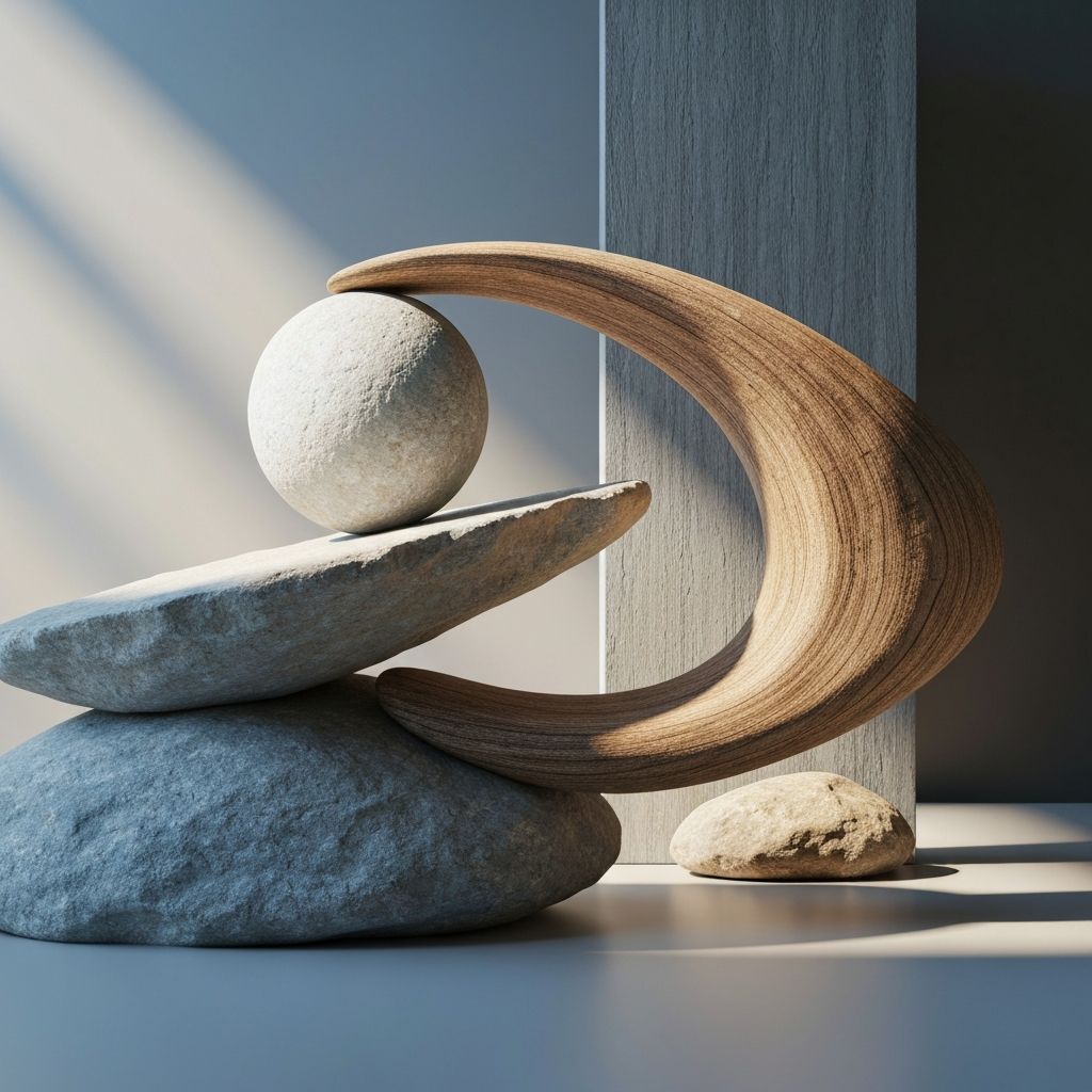 Abstract symbolic composition representing balance and harmony with textured natural elements like stone and wood with warm and cool light interplay
