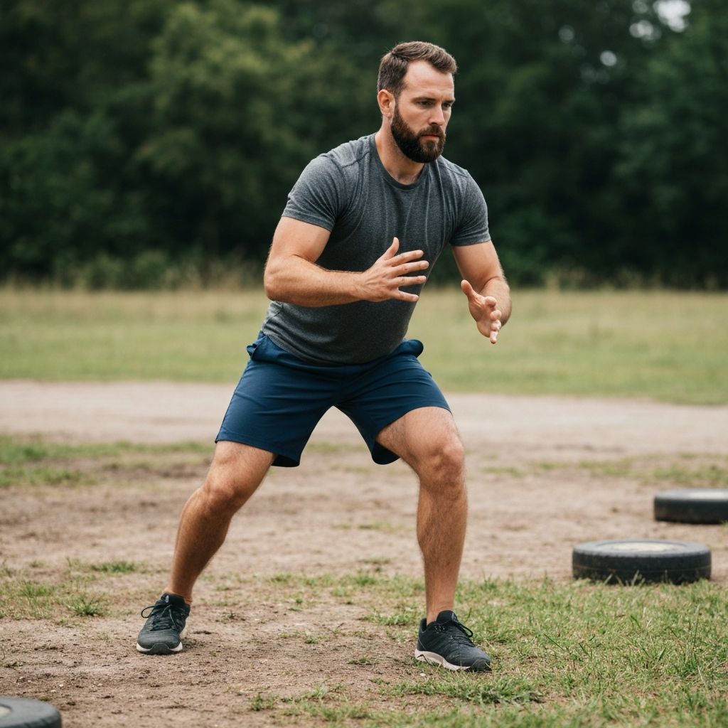 Man performing functional movement exercise with focused intensity and proper form in natural daylight environment