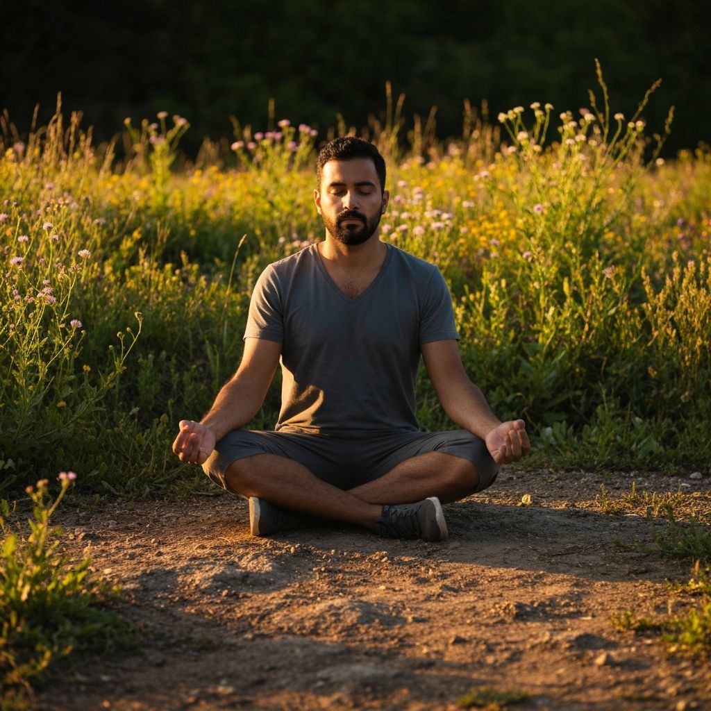 Man in meditation practice outdoors, practicing mindfulness in serene natural setting with warm golden light