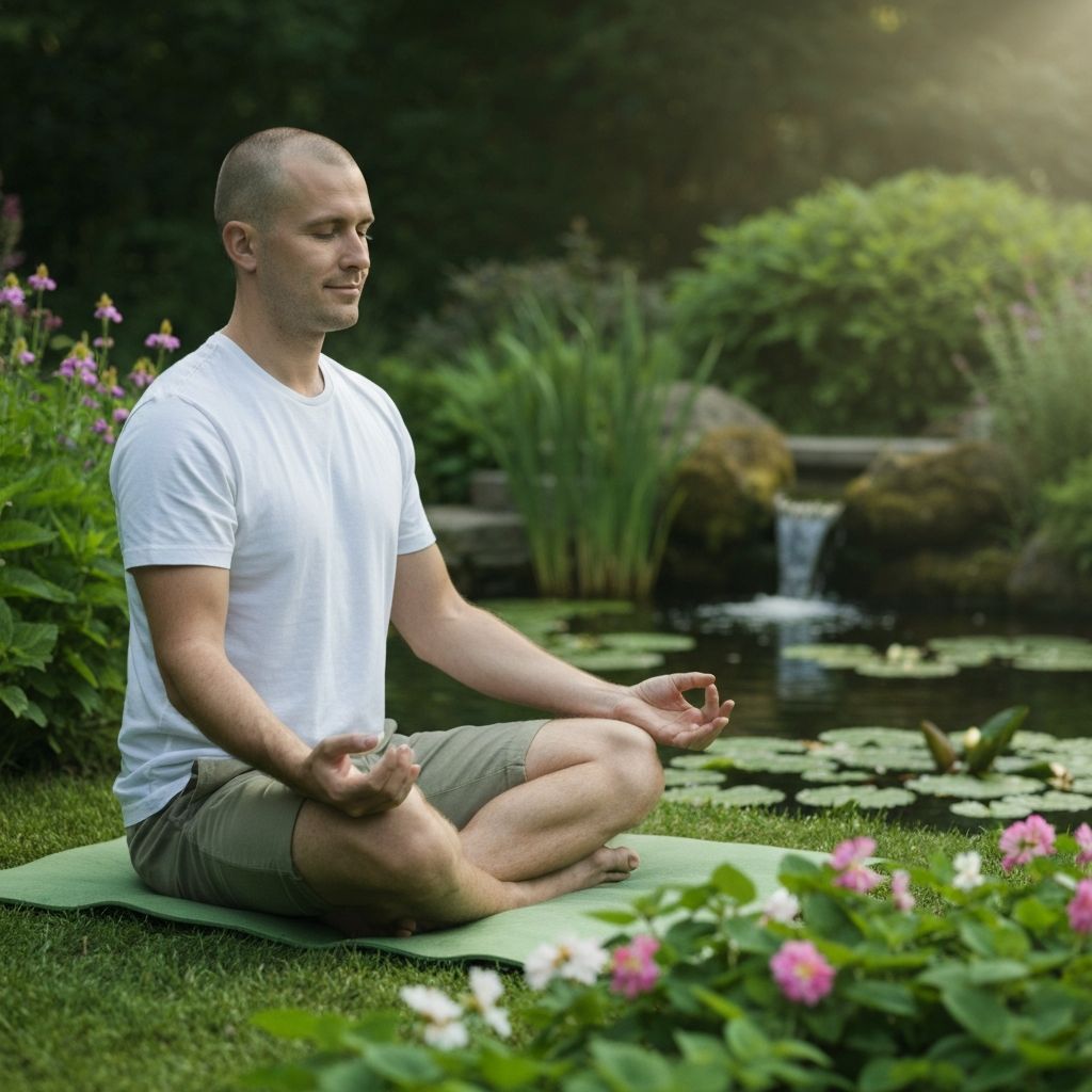Man practicing mindfulness meditation in serene garden at dawn with soft peaceful light and natural surroundings
