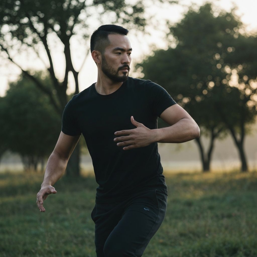 Man engaged in thoughtful movement practice outdoors with flowing motion in natural setting and soft diffused light at dawn