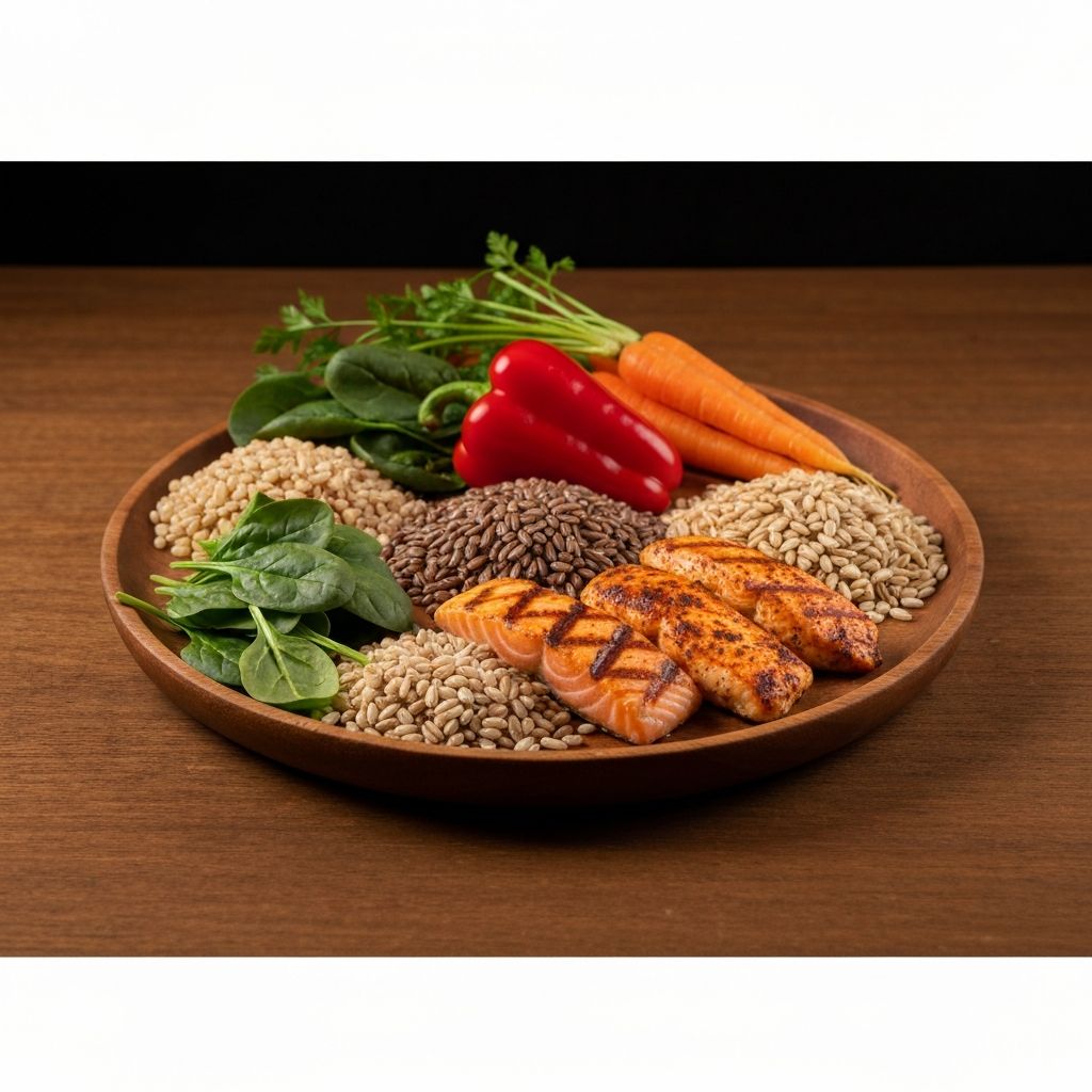 Artfully arranged fresh vegetables, whole grains, legumes and proteins on textured wooden surface with warm dramatic lighting