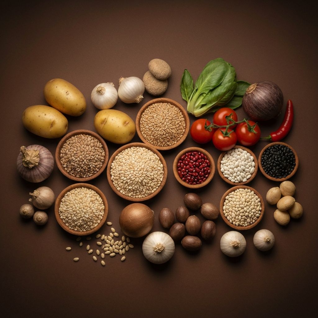 Close-up macro photography of nutrient-rich whole foods with warm side lighting emphasizing natural textures and diversity